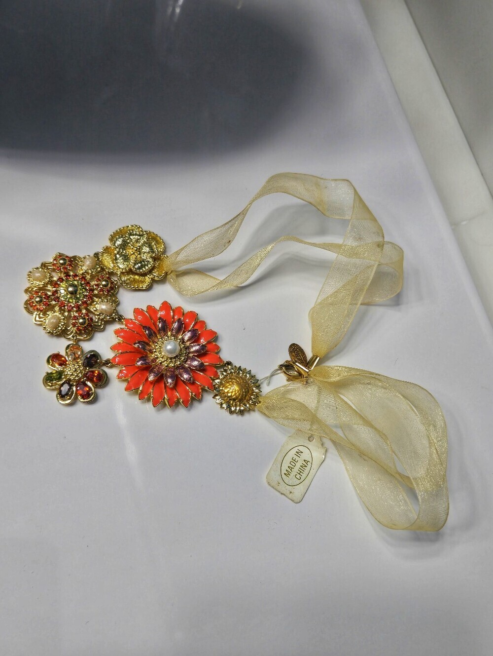 Lenox Vintage Enamel Crystal flower and ribbon necklace